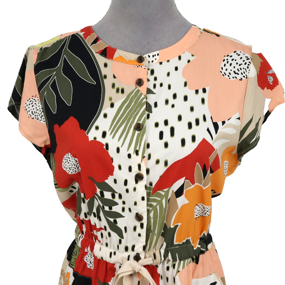 Loft Dress Petites 10P Beige Red Black Floral Cotton Blend Button Up Pockets - Picture 14 of 16